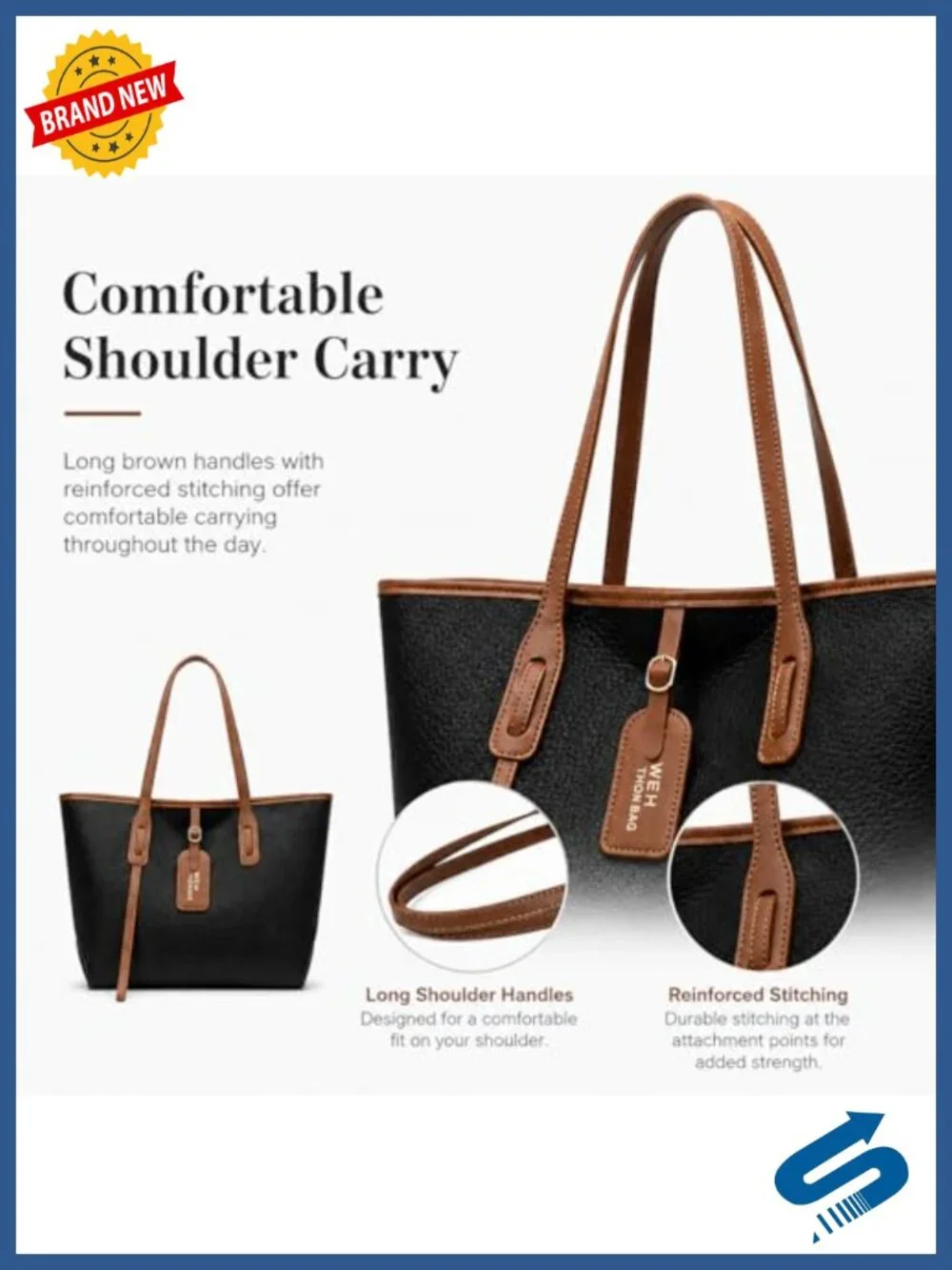 Large Black Tote Bag with Zipper, Leather-Look Shoulder Purse, Brown Handles,
